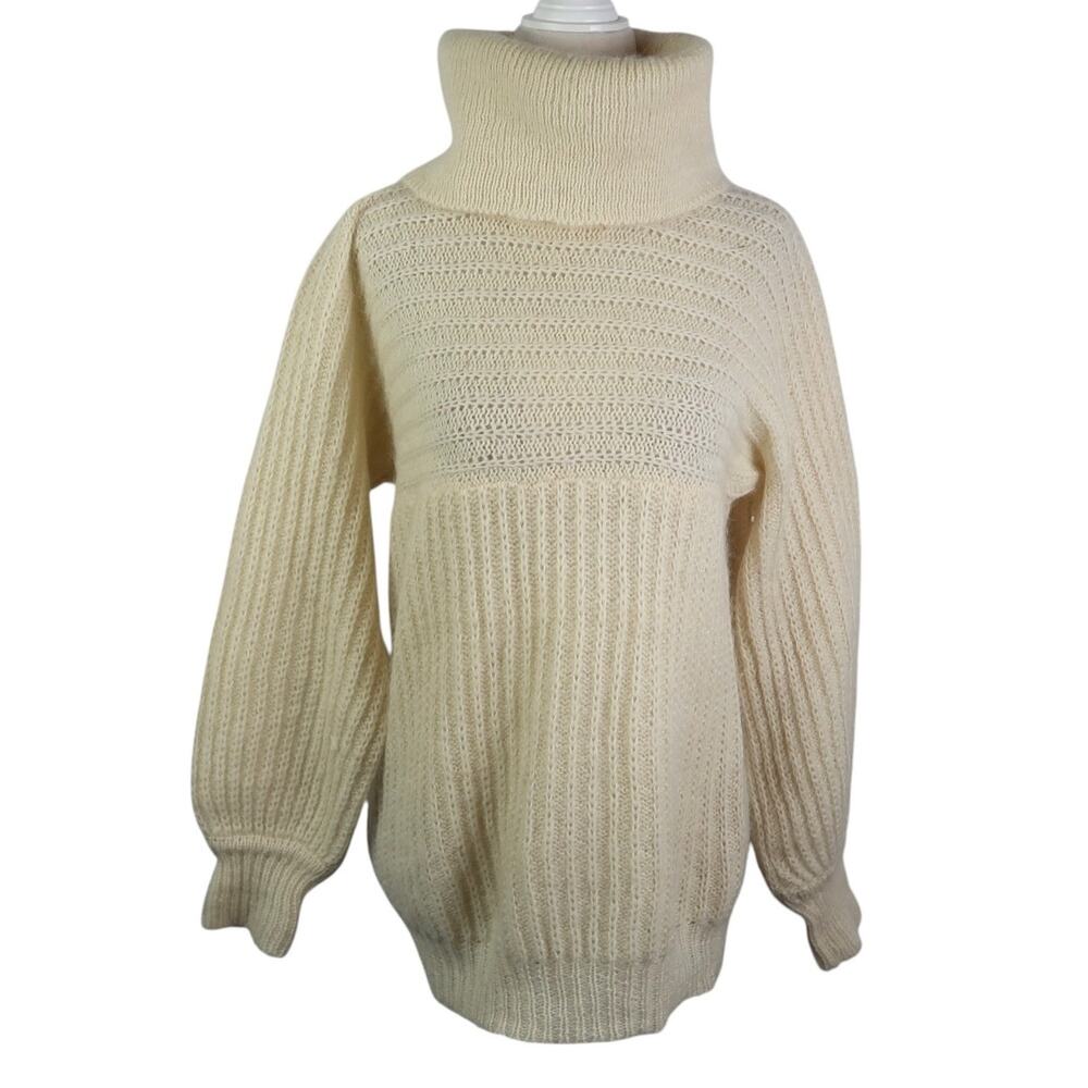 Vintage 80s Paul Harris Cream Mohair Wool Fuzzy Knit Turtleneck Sweater L